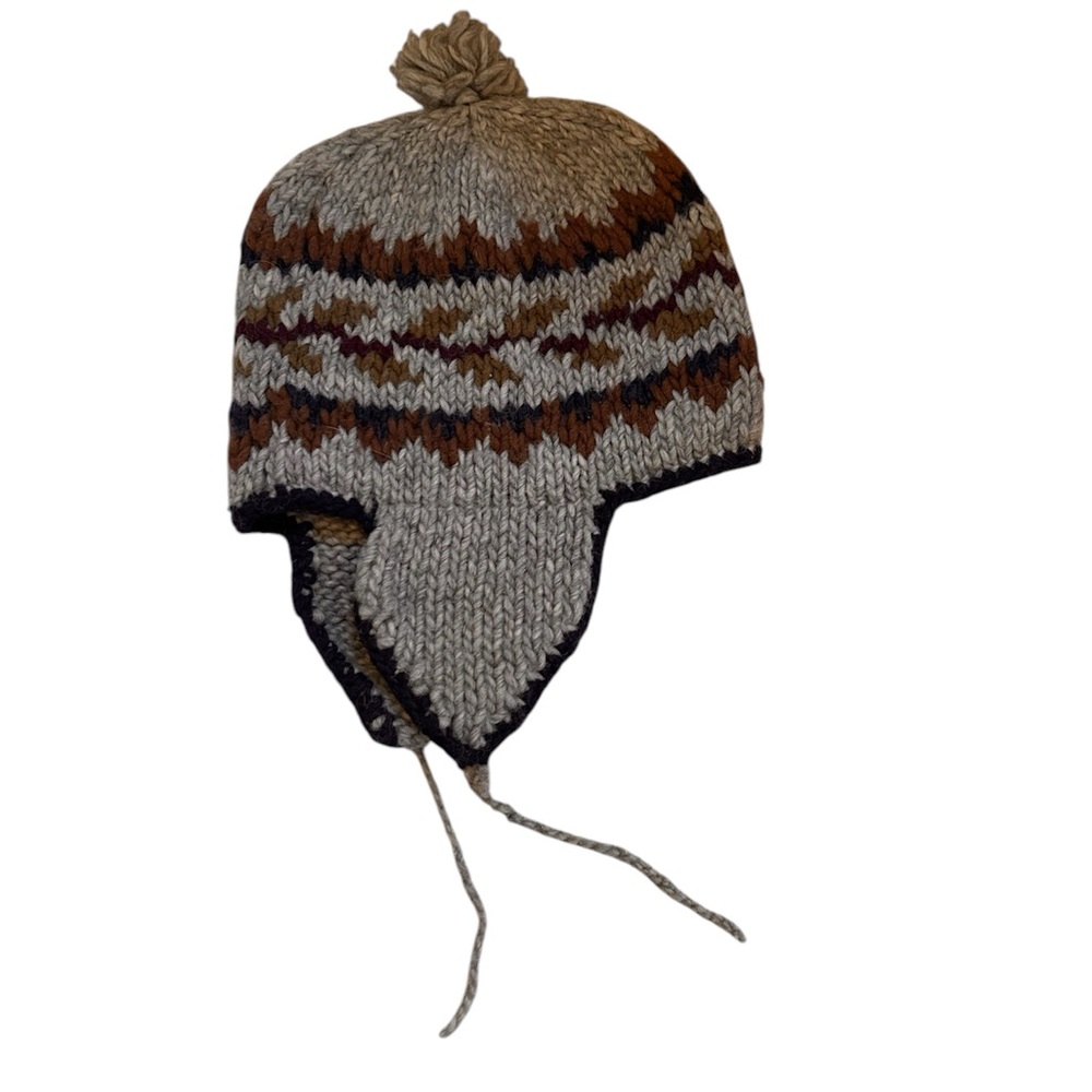 Adorable  vintage hand knit stocking cap with ear flaps and pom-pom